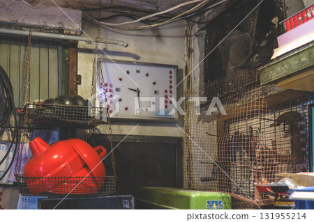 Sept 27 2025 Cluttered Kitchen Backroom With Red Bowls, Hanging 131955214