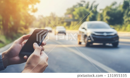 Person using phone by roadside. 131955335