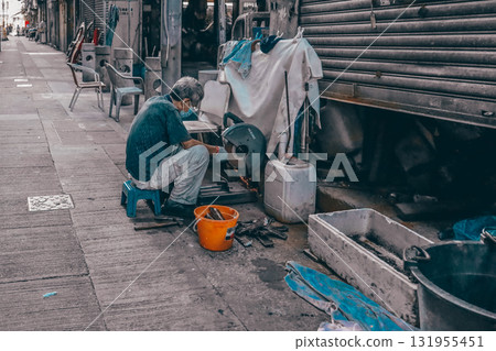 Sept 27 2025 Urban Street Carpenter At Work On Sidewalk With Tools 131955451