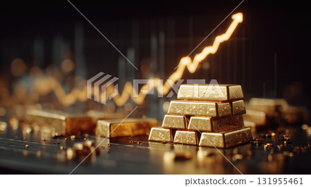 Golden bars stacked with rising market graph 131955461