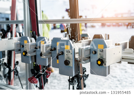 Many ski snowboard storage locker coin cells at peak entrance of station of cabin gondola ski lift at mountain alpine luxury austrian winter resort. Comfort service and facilities for tourists skiers 131955485