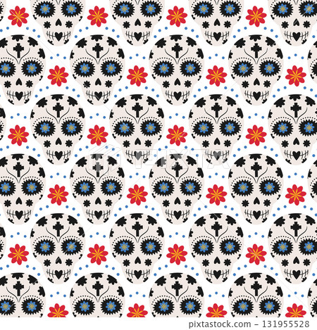 Hand Drawn Sugar Skulls with Floral and Dots Decor Seamless Pattern Day of the Dead Festive Backdrop 131955528