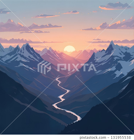 an AI Image Generator, Tranquil Mountain Sunset Over Snow-Capped Peaks with a Winding River 131955538