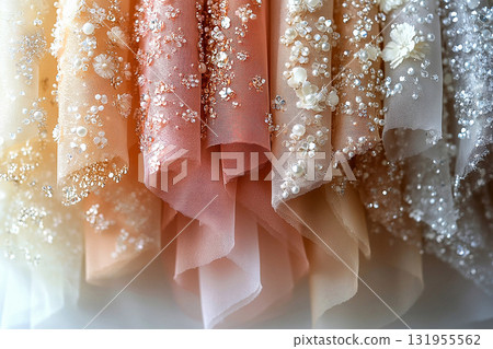 Expensive fabric. Soft studio light. Diversity of bridal tulle with crystal embellishments is hanging on the wall. 131955562