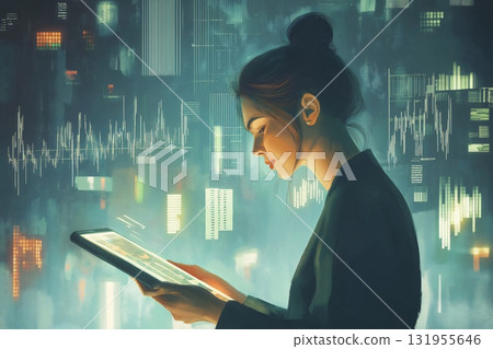 Businesswoman is holding a tablet and analyzing financial data projected on a futuristic interface 131955646