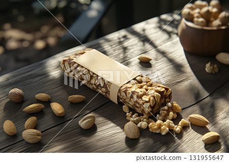 Granola bar with oats, almonds and walnuts on rustic wooden table with customizable packaging, perfect for healthy lifestyle 131955647