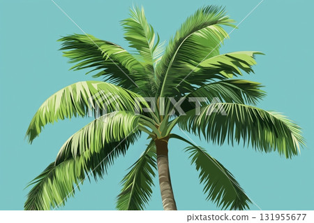 Minimalist illustration featuring a palm tree with its large green fronds waving in the wind, evoking a tropical summer atmosphere Minimalist illustration featuring a palm tree with its large green fronds waving in the wind, evoking a tropical summer atmosphere 131955677