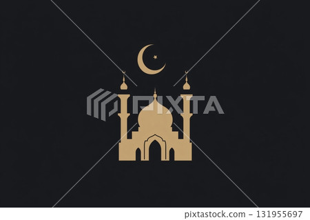 Golden illustration of a mosque with minarets and domes, symbolizing Islamic faith and culture 131955697