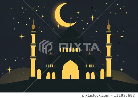 Mosque glowing in the night with minarets reaching for a starry sky and bright crescent moon Mosque glowing in the night with minarets reaching for a starry sky and bright crescent moon 131955698