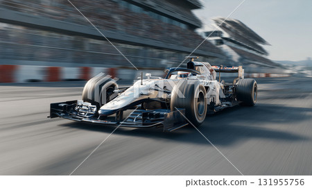 Formula One style car speeds down the raceway capturing the intensity and beauty of high-performance fast at racing. Formula One style car speeds down the raceway capturing the intensity and beauty of high-performance fast at racing. 131955756
