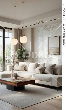 Stylish minimalistic interior of white beige brown interior room with design neutral modular sofa, coffee tables, decoration in white beige colors and elegant personal accessories in modern home decor 131955793