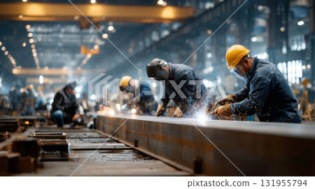 Men with protective goggles welding in factory. Industrial workers wearing protective gear welding metal frame in workshop. Creating sparks and smoke in dimly lit industrial setting. 131955794
