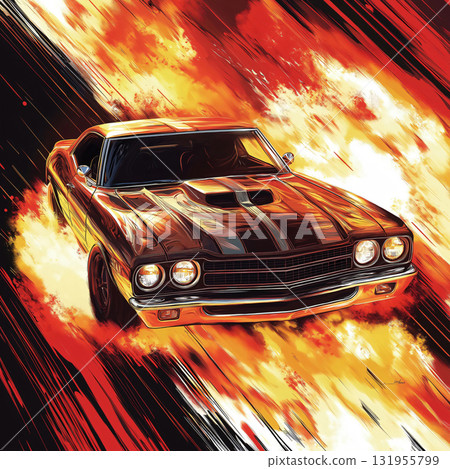 Classic American muscle car speeds down the road with vibrant colors and chrome details, capturing speed and power. Perfect for racing projects 131955799