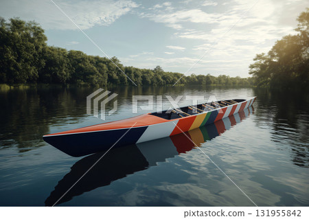 Colorful racing rowing boat is floating on calm water, ready for a competition or training session 131955842