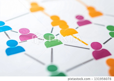 Colorful flowchart is showing referral program with connected people icons printed on paper 131956078