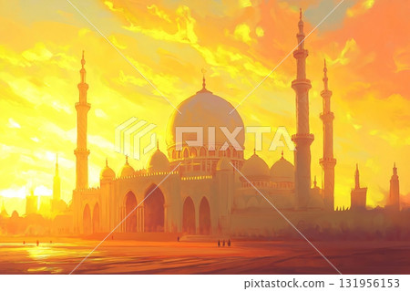 Majestic mosque with its minarets piercing the golden sky as the sun rises, casting a warm glow on the surrounding landscape 131956153