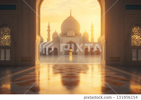 Golden light illuminating the courtyard of grand mosque at sunrise Golden light illuminating the courtyard of grand mosque at sunrise 131956154