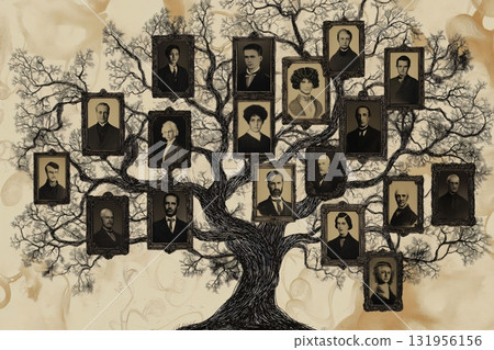 Vintage portraits of men and women representing ancestors are hanging from the branches of a family tree Vintage portraits of men and women representing ancestors are hanging from the branches of a family tree 131956156