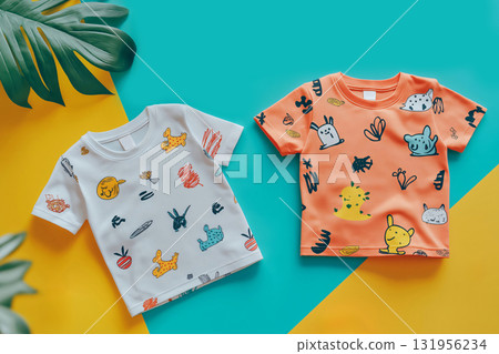 Customizable kids t shirt mockup with playful prints lying on a colorful background with toys and accessories 131956234