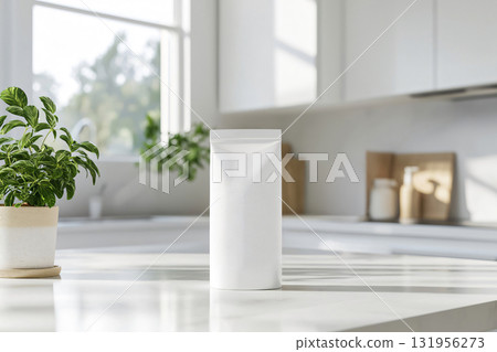 Customizable pouch packaging mockup standing on a kitchen countertop with plants, perfect for showcasing your product design Customizable pouch packaging mockup standing on a kitchen countertop with plants, perfect for showcasing your product design 131956273
