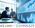 Business team having a meeting and analyzing financial data displayed on a computer screen, showing charts and graphs 131956329