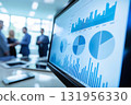 Business team analyzing financial data displayed on a computer screen, showcasing charts and graphs representing market trends 131956330