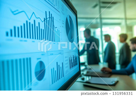 Team of business professionals is working together, analyzing financial data displayed on a computer screen 131956331