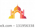 Colorful gradient logo featuring a mosque with an archway, domes, and minarets, suitable for Islamic holidays 131956338