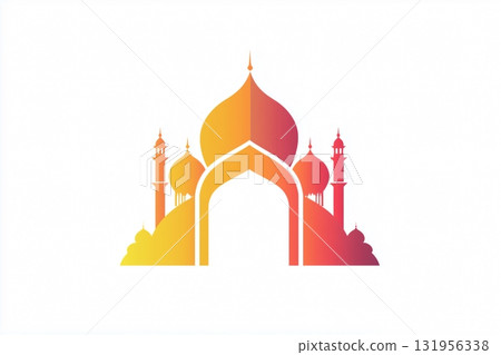Colorful gradient logo featuring a mosque with an archway, domes, and minarets, suitable for Islamic holidays 131956338