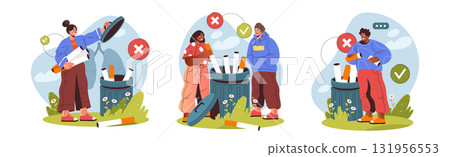 Vector poster set for stop smoking awareness. Quit nicotine addiction placard. Sign for nicotine disposal or cigarettes health care. Anti smoke campaign symbol. Lung wellness and bad habit recovery. 131956553