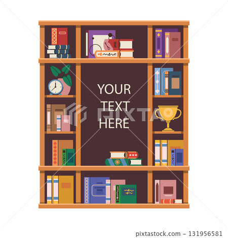 Bookshelf with quote or bookcase with message. Vector book furniture as background for message or information. Bookstore or bookshop promotion or literature publisher slogan. College and school. 131956581