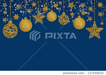 Christmas blue background with Christmas tree decorations with a golden snowflake, star and ball and golden lights with copy space. New Year and Christmas card. Christmas blue background with Christmas tree decorations with a golden snowflake, star and ball and golden lights with copy space. New Year and Christmas card. 131956620