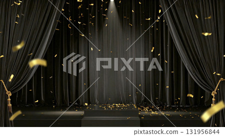 A recital filled with victory and joy on a stage with sparkling gold confetti and black velvet curtains A recital filled with victory and joy on a stage with sparkling gold confetti and black velvet curtains 131956844