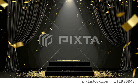 A recital filled with victory and joy on a stage with sparkling gold confetti and black velvet curtains A recital filled with victory and joy on a stage with sparkling gold confetti and black velvet curtains 131956845