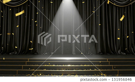 A recital filled with victory and joy on a stage with sparkling gold confetti and black velvet curtains 131956846