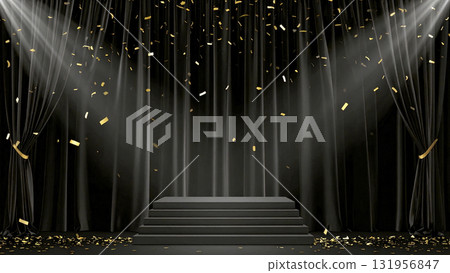 A recital filled with victory and joy on a stage with sparkling gold confetti and black velvet curtains 131956847