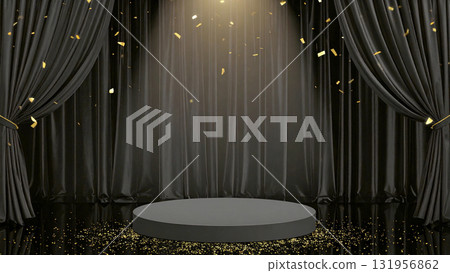 一場充滿勝利和喜悅的獨奏會，在閃閃發光的金色五彩紙屑和黑色天鵝絨窗簾的舞台上 131956862