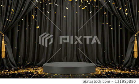 A recital filled with victory and joy on a stage with sparkling gold confetti and black velvet curtains 131956880