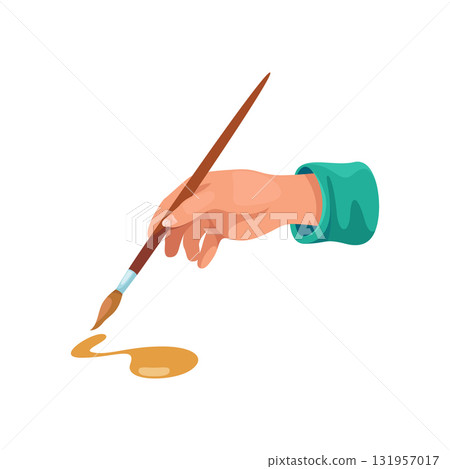 Vector icon with hand painting with watercolor. Painter tool drawing creative design or art. Handwork or handwriting with paintbrush. Masterpiece equipment for creativity. Painter handcraft canvas. 131957017
