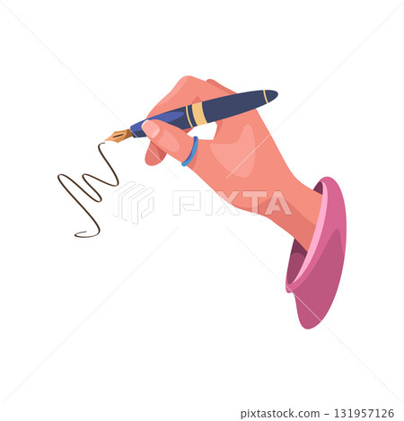 Hand writing with pen vector icon. Clipart of human hand holding tool while write. Calligraphy and penmanship sign. Education and school, diary and document, sketch and author signature, writer. 131957126