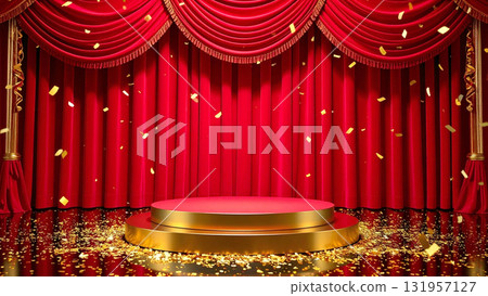 A recital filled with victory and joy on a stage with sparkling gold confetti and red velvet curtains 131957127