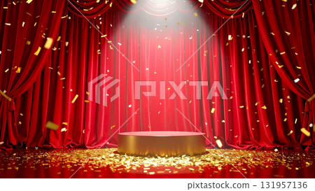 A recital filled with victory and joy on a stage with sparkling gold confetti and red velvet curtains A recital filled with victory and joy on a stage with sparkling gold confetti and red velvet curtains 131957136