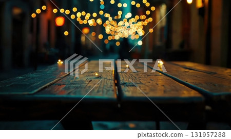 Rustic Table Night Lights City Ambiance. Rustic Table Night Lights City Ambiance. 131957288