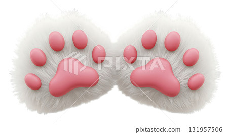 Adorable pair of fluffy white cat paws with pink pads, perfect for pet-themed designs or cute animal illustrations, great for a playful touch 131957506