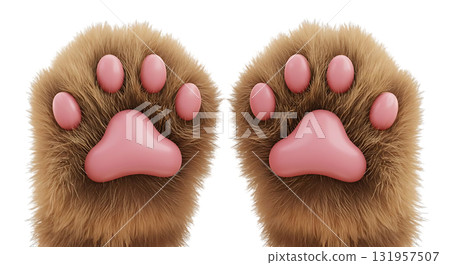 Adorable fluffy cat paws with pink toe beans, perfect for pet product ads or cute animal designs, bringing warmth and joy to your project 131957507