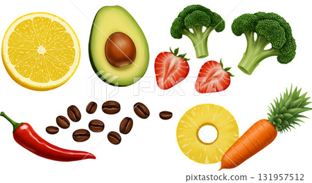 Fresh vibrant fruits and vegetables, a lemon, avocado, broccoli, strawberries, pineapple, carrot, chili, and coffee beans for a healthy lifestyle concept Fresh vibrant fruits and vegetables, a lemon, avocado, broccoli, strawberries, pineapple, carrot, chili, and coffee beans for a healthy lifestyle concept 131957512