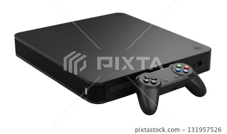 Sleek black game console with controller evokes a retro gaming experience, perfect for showcasing entertainment technology and modern design trends 131957526