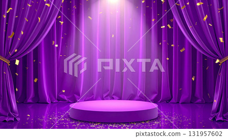 A recital filled with victory and joy on a stage with sparkling gold confetti and purple velvet curtains 131957602
