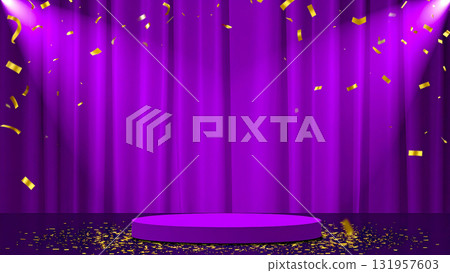 A recital filled with victory and joy on a stage with sparkling gold confetti and purple velvet curtains 131957603