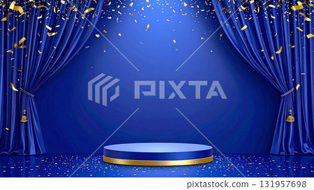 一場充滿勝利和喜悅的獨奏會，在閃閃發光的金色五彩紙屑和藍色天鵝絨窗簾的舞台上 131957698